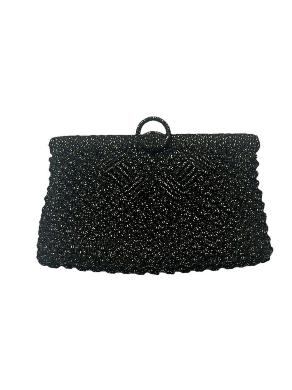 Vtg Black Gold Lurex Crocheted Clutch Evening Bag Handwover Cocktail Purse